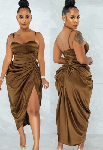 Brown Silk Irregular Ruched Cami Long Dress