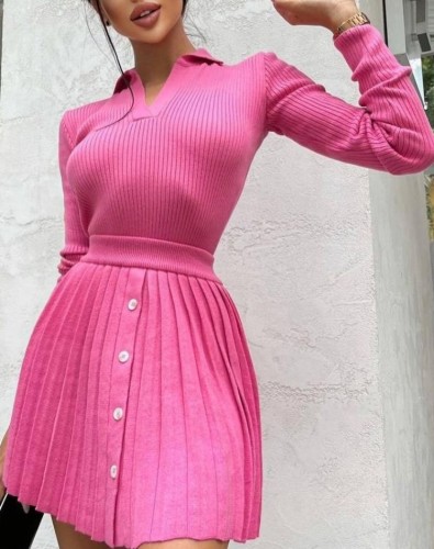 Rose Ribbed Long Sleeves Crop Top and Pleated Skirt 2PCS Set