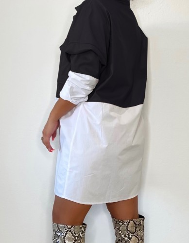 White and Black Contrast Button Open Long Sleeve Blouse Dress