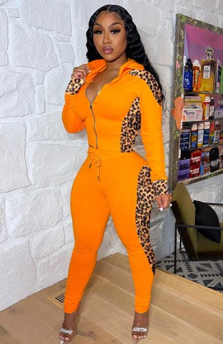 Leopard Print Orange Zipper Hoody Top and Pants Two Piece Set