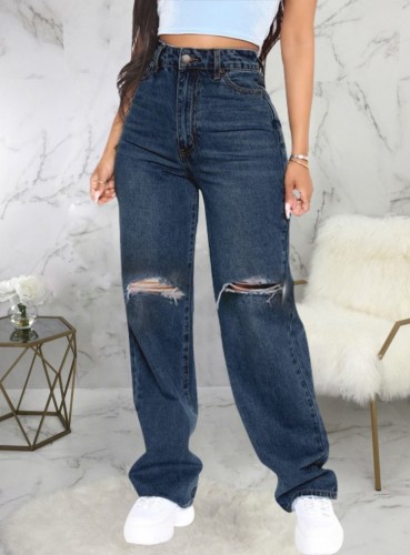Dk-Blue Ripped High Waist Loose Jeans