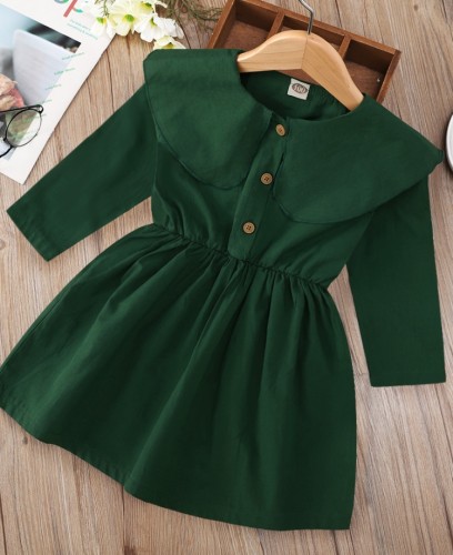 Kids Girl Dk-Green Long Sleeve Ruffle O-Neck Skater Dress