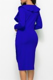 Blue V-Neck Flounce Wrap Long Sleeve Elegant Midi Dress