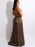 Brown Silk Backless High Split Cami Halter Long Evening Dress