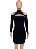Black Cut Out Long Sleeve Turtleneck Mini Skinny Dress