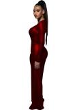 Red Metallic Deep-V Long Sleeve Trendy Jumpsuit