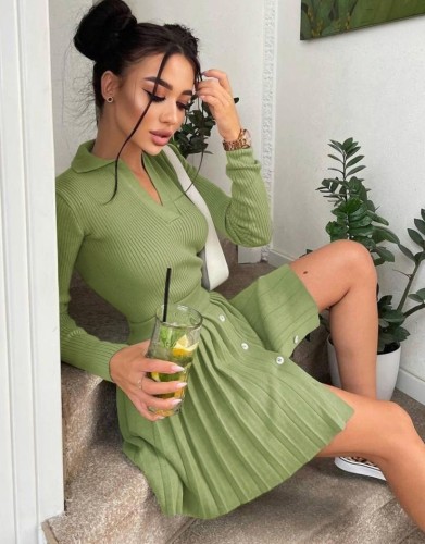 Lt-Green Ribbed Long Sleeves Crop Top and Pleated Skirt 2PCS Set