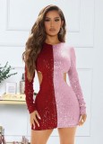 Red and Pink Contrast Sequin Cut Out Long Sleeve Mini Dress