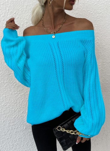 Blue Off Shoulder Long Sleeves Loose Sweater Top