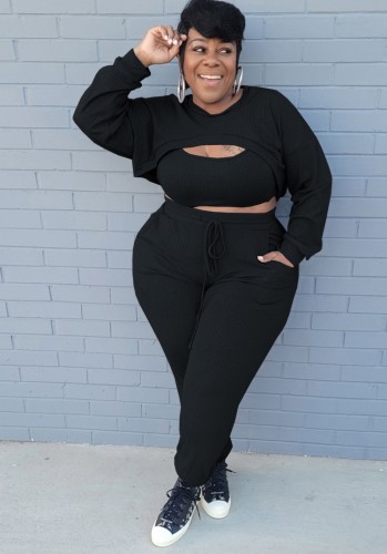 Plus Size Black Cami Crop Top and Pants with Cape Top 3PCS Set