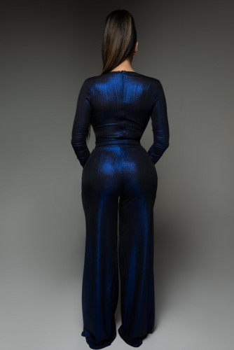 Blue Metallic Deep-V Long Sleeve Trendy Jumpsuit