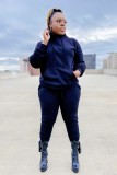 Blue Hoody Long Sleeves Top and Pants with Pocket 2PCS Set