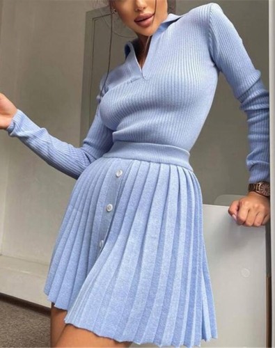 Blue Ribbed Long Sleeves Crop Top and Pleated Skirt 2PCS Set