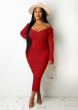 Red V-Neck Long Slim Fit Dress