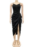 Black Silk Irregular Ruched Cami Long Dress
