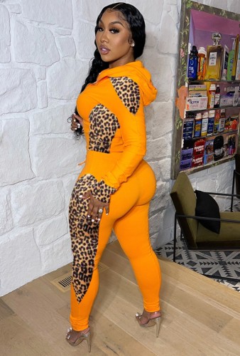 Leopard Print Orange Zipper Hoody Top and Pants Two Piece Set