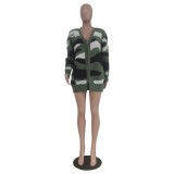 Camo Print Green Kintted Long Sleeve Drop Shoulder Cardigans