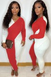 White and Red Long Sleeve V-Neck Wrap Jumpsuit
