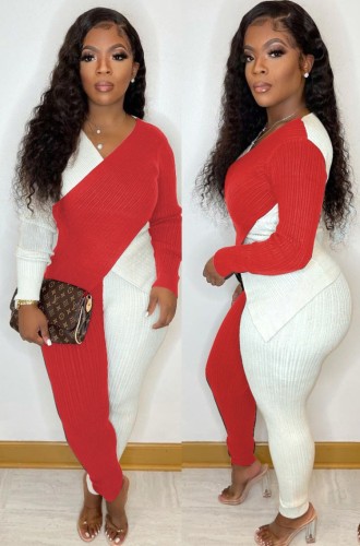 White and Red Long Sleeve V-Neck Wrap Jumpsuit