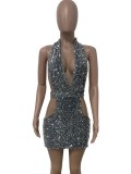 Silver Sequin Deep-V Keyhole Backless Halter Mini Cocktail Dress