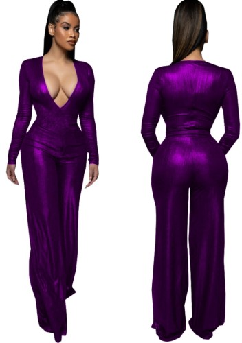 Purple Metallic Deep-V Long Sleeve Trendy Jumpsuit
