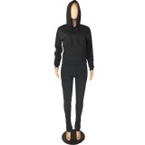 Black Drawstring Hoody Top with Pocket and Slit Pants 2PCS Tracksuit