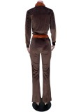 Brown Velour High Neck Crop Jacket and Pants Two Piece Tracksuit