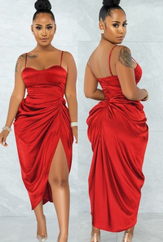 Red Silk Irregular Ruched Cami Long Dress