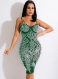 Elegant Green Beaded Cami Midi Dress