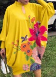 Plus Size Flower Print Yellow Keyhole Loose Midi Dress