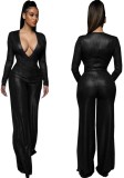 Black Metallic Deep-V Long Sleeve Trendy Jumpsuit