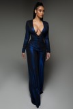 Blue Metallic Deep-V Long Sleeve Trendy Jumpsuit