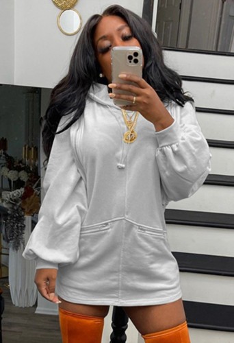 Grey Puff Sleeves Zipper Drawstring Hoody Mini Dress