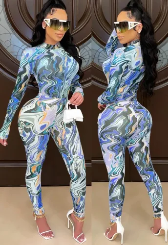 Print Tight Turtleneck Top and Pants Two Piece Set