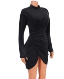Black Velvet Turtleneck Wrap Irregular Mini Dress