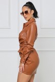 Brown Leather Button Up Ruched Long Sleeves Mini Dress with Belt