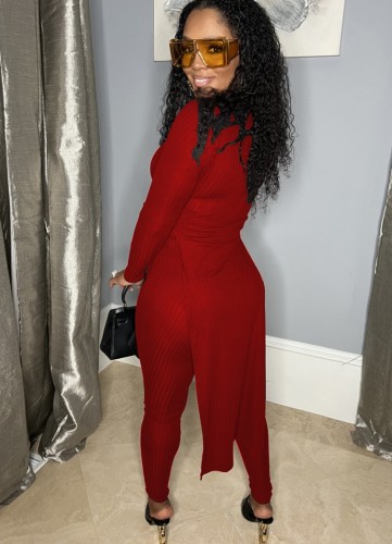 Red Side Slit Midi Neck Long Top and Fitted Pants 2PCS Set
