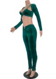 Green Velvet O-Ring Long Sleeves Crop Top and Pants 2PCS Set