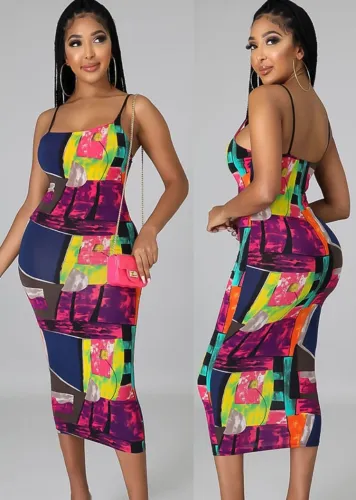 Multicolor Print Cami Elegant Midi Dress