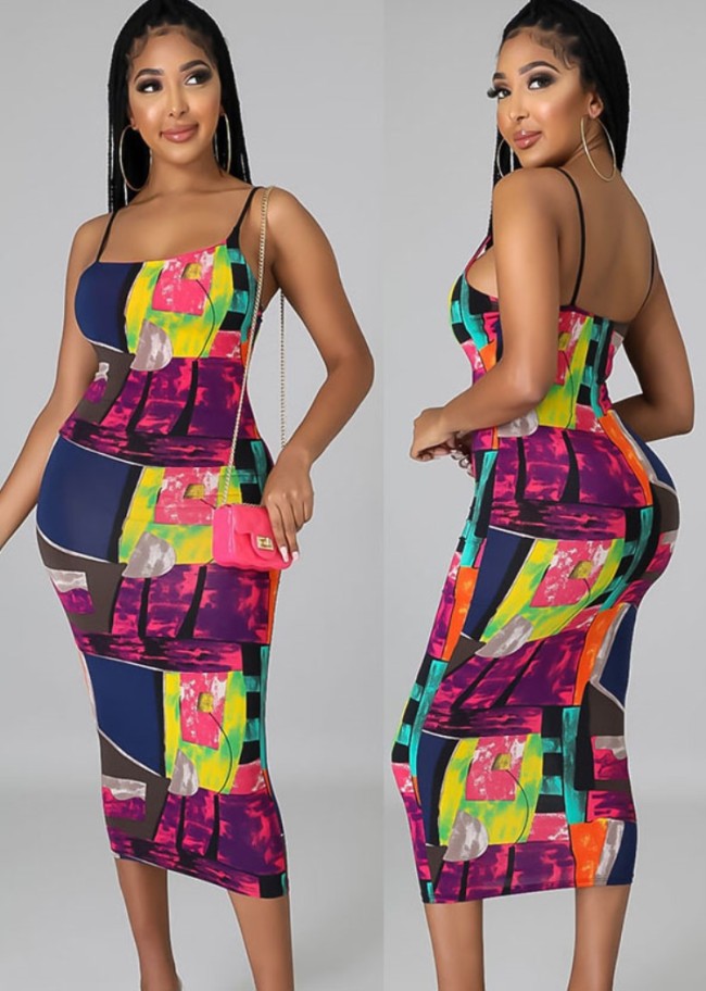 Multicolor Print Cami Elegant Midi Dress