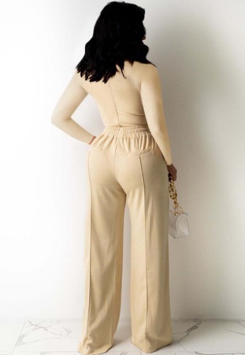 Beige Square Neck Bustier Top and Drawstring Pants 2PCS Set