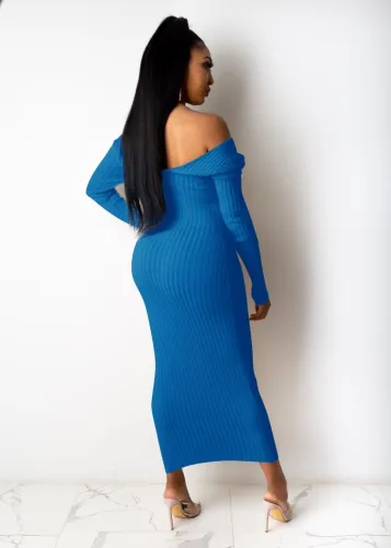 Dark Blue V-Neck Long Slim Fit Dress