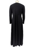 Plus Size Casual Black V-Neck Long Sleeves Maxi Dress