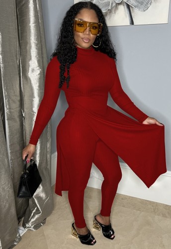 Red Side Slit Midi Neck Long Top and Fitted Pants 2PCS Set