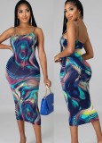 Blue Print Cami Elegant Midi Dress