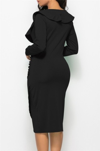 Black V-Neck Flounce Wrap Long Sleeve Elegant Midi Dress