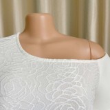 White Jacquard Floral Ruffle Short Sleeve One Shoulder Long Dress