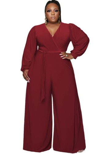 Plus Size Red V-Neck Wrap Wide Leg Jumpsuit with Matching Belt