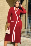 Red Long Sleeves Deep-V Wrapped Long Coat