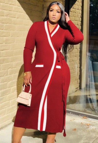 Red Long Sleeves Deep-V Wrapped Long Coat